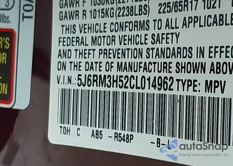 2012 Honda Cr-V Ex z USA, uszkodzony, nr VIN 5J6RM3H52CL014962